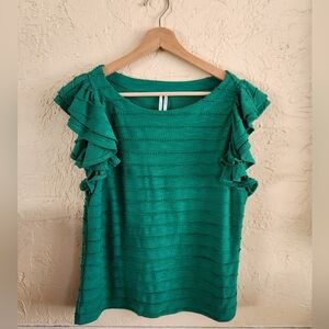Anthropologie Green Ruffled Sleeve Top